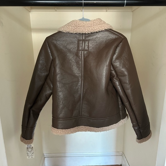 Sherpa-lined Faux-leather Brown Moto Jacket - Picture 3 of 8